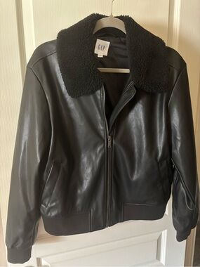 GAP Black Faux Leather Bomber with Sherpa Collar